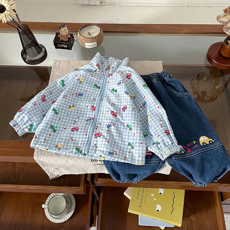 Toddler Boys Jacket Autumn Fashion Versatile Cartoon Printed Plaid Baby Boys Coats Round Neck Long Sleeves Kids Baby Boys Tops