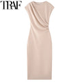 HXAO Ruffled Elegant Party Dresses 2025 Sleeveless Solid Midi Dresses Woman Summer Ruched Evening Dress Fitted Long Dress 088