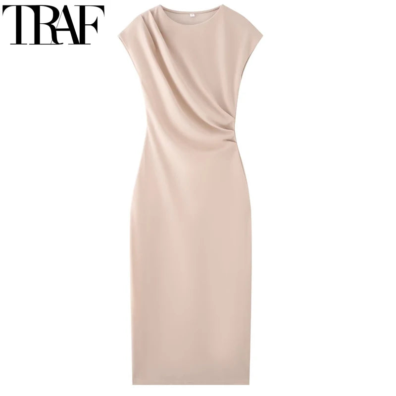 HXAO Ruffled Elegant Party Dresses 2025 Sleeveless Solid Midi Dresses Woman Summer Ruched Evening Dress Fitted Long Dress 088