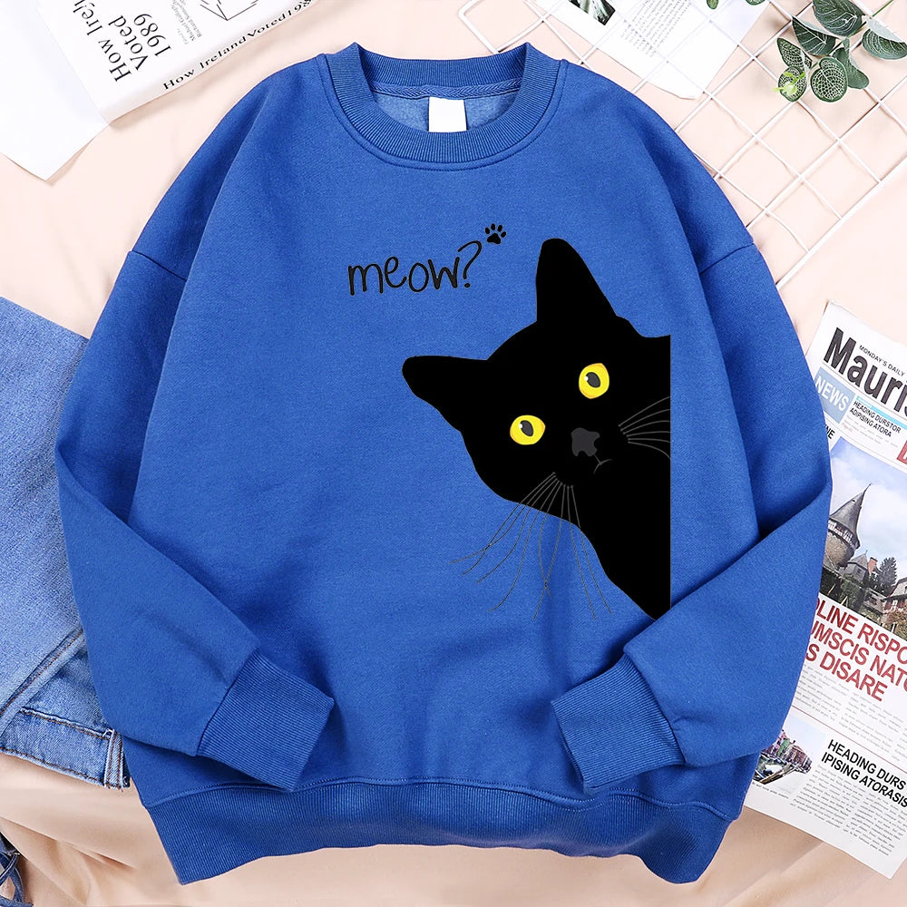 Meow The Black Cat Stared Intently Hoody Men Women Personality Loose Sweatshirts O-Neck Oversize Clothing Pullover Hoody Couple