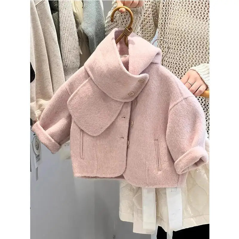 Girls Autumn Winter Coat New Pink Woolen Jacket Kids Thick Warm Outerwear Stylish Baby Clothes Children Clothing