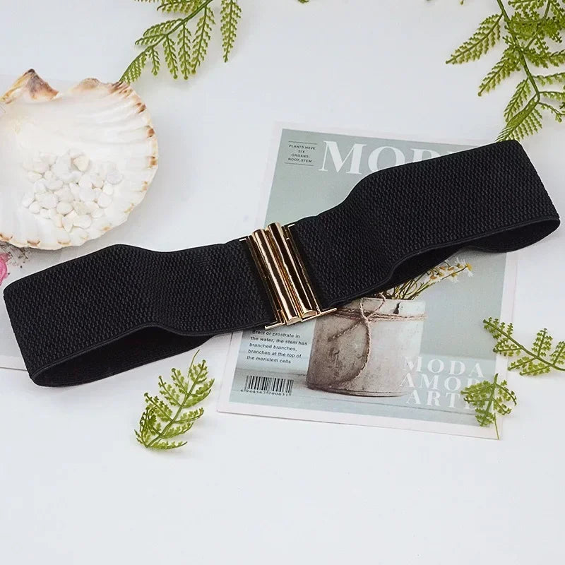 Women Elastic Band Wide Belts Simple Down Coat Waist Belt Female Black Strap Dress Decoration Accessories Metal Buckle Waistband