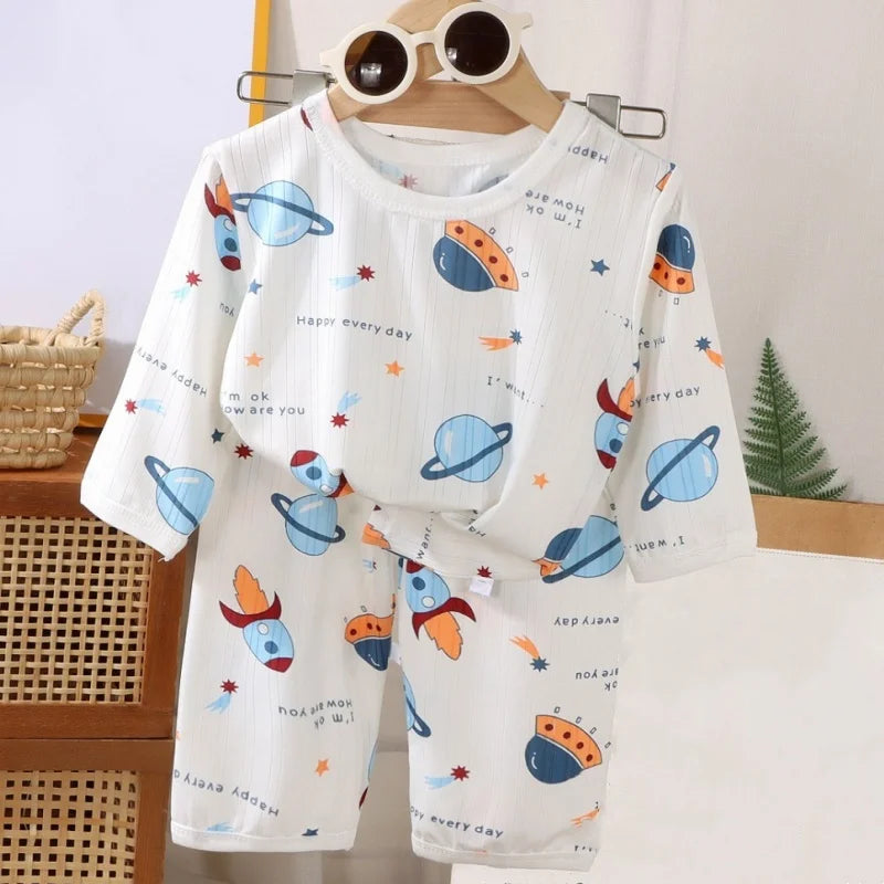 Boys Girls Baby Pajamas 2-Piece Set Kids Summer Breathable Soft Fabric Home Cute New Cartoon Rocket Spacecraft Car Sleepwear Set