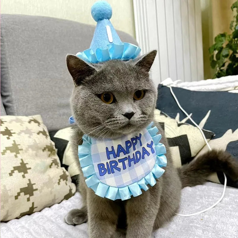 Pet Hat & Bib Set for Cats Birthday , Kitty Party Dress-up Costume Accessories, Adjustable Bandana Photo Props for Celebration