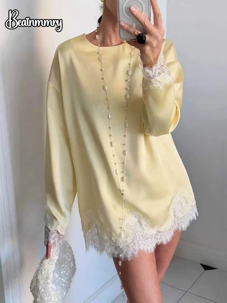 Lace Patchwork Women Mini Dress Long Sleeve Women O Neck Casual 2026 Straight Spring Female Dresses Casual Solid Beach Robes