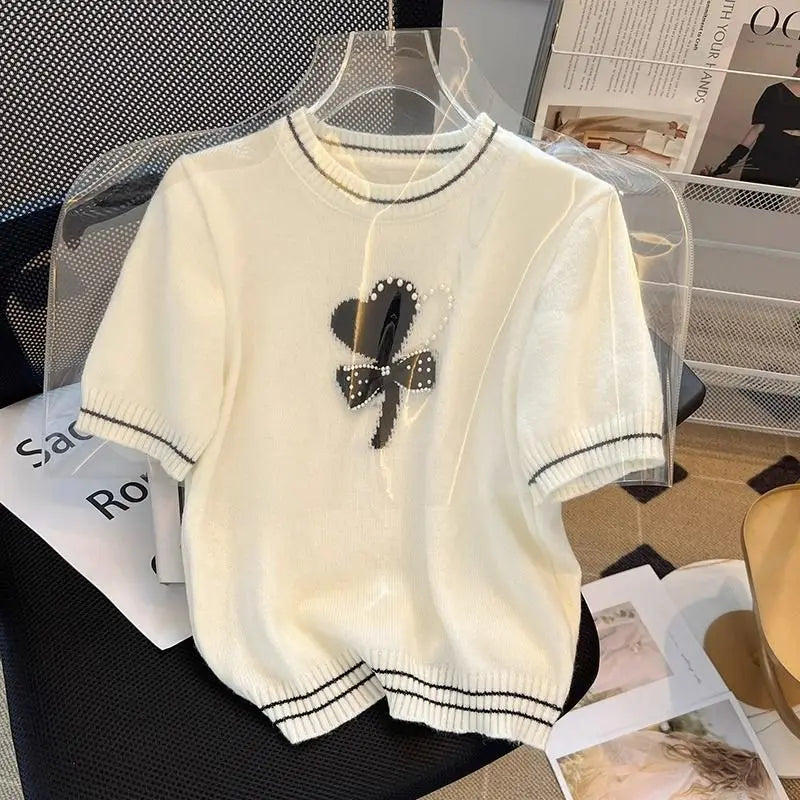 Embroidery Heart Beading Bow Pearl Pullover Short-sleeved T-shirt Female Ice Silk Knit Sweater Summer New Thin Tops Design Coat