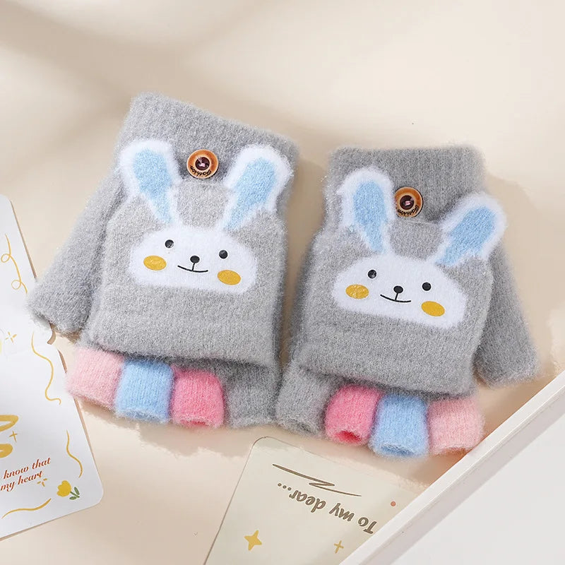 Children's Warm Gloves for Boys and Girls Cartoon Cute Half Finger Knitted Winter Flip Cover Baby Thick Cold Proof Five Fingers