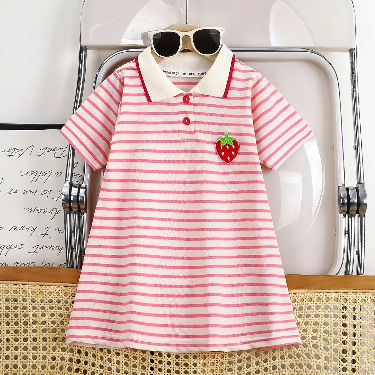 2025 New Children's Dress Girls' Summer Korean Edition Fashion Casual Striped Collar Short sleeved Dress1-10Y