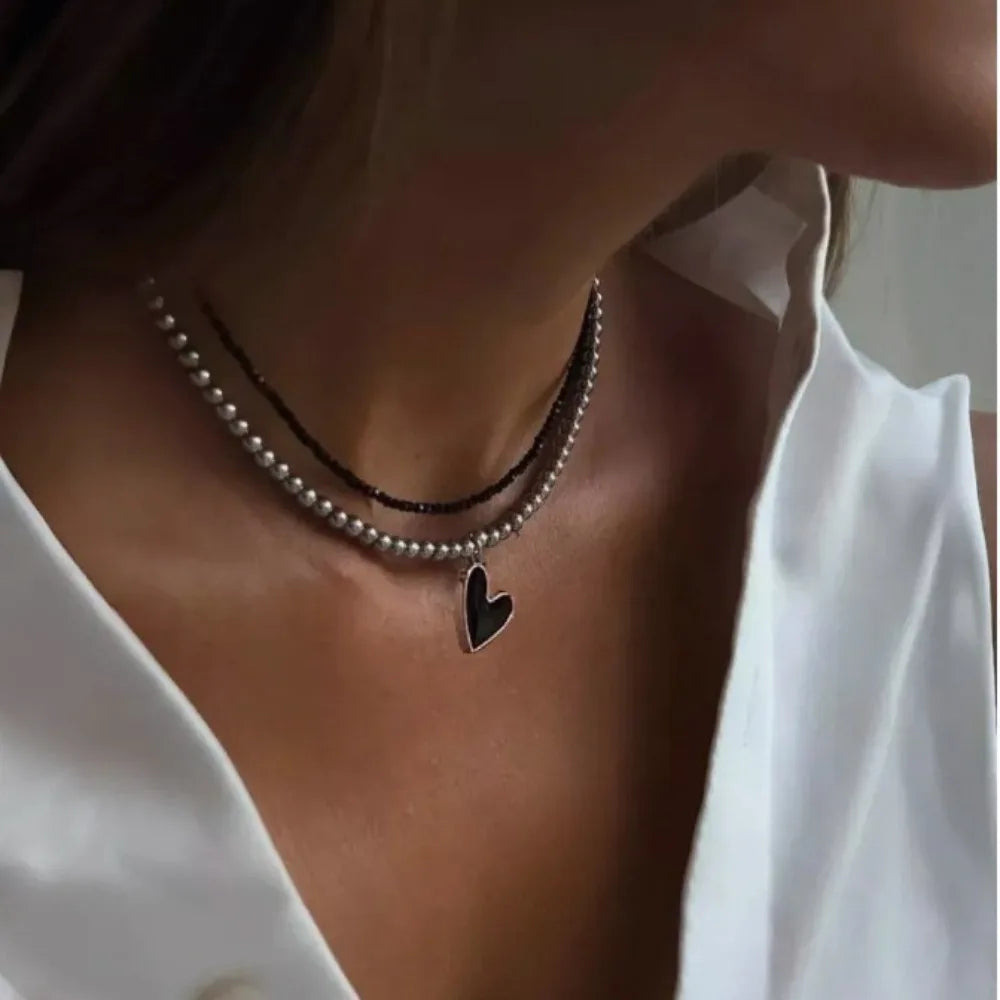 Fashion Y2K Love Heart Pendant Beaded Necklace for Women Multi-layer Chains Choker Decoration Party Gifts Jewelry Accessories