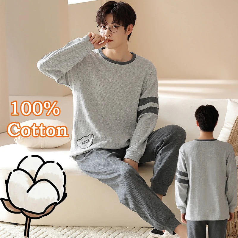 Spring Autumn Mens 100% Cotton Pajamas Set Summer Sleepwear Japanese Winter Gray Long Sleeve Homewear for Men Lounge Sets Pajama