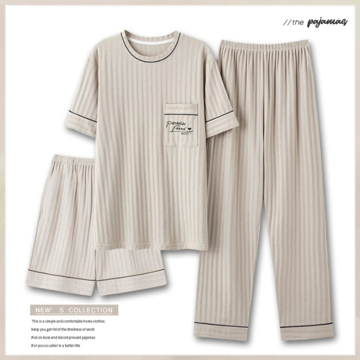 Men's Fashion Summer 3-Piece Pajamas Set Short Sleeve round Collar Cotton Homewear plus Size 5XL Shorts Loungewear Pijamas