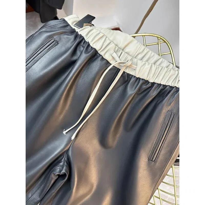 Pants For Women Genuine Leather Classic Female Straight Pipeline Suit Taller Trousers Long Legs Casual Streetwear Elastic Waist