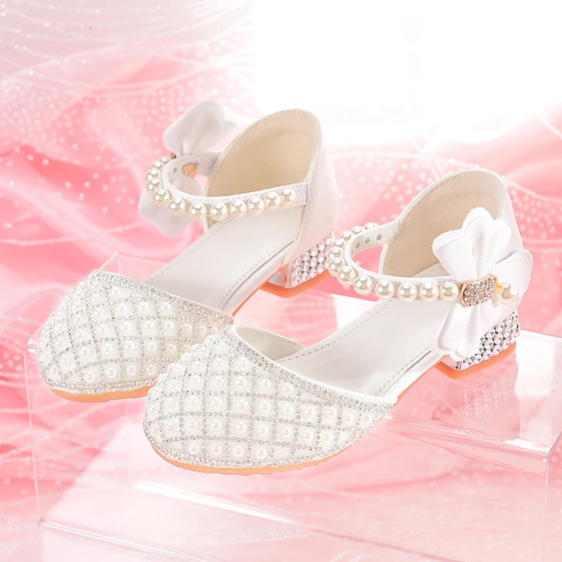 The high heels for girls feature a headband design, perfect for weddings and party occasions. Children's crystal princess shoes,