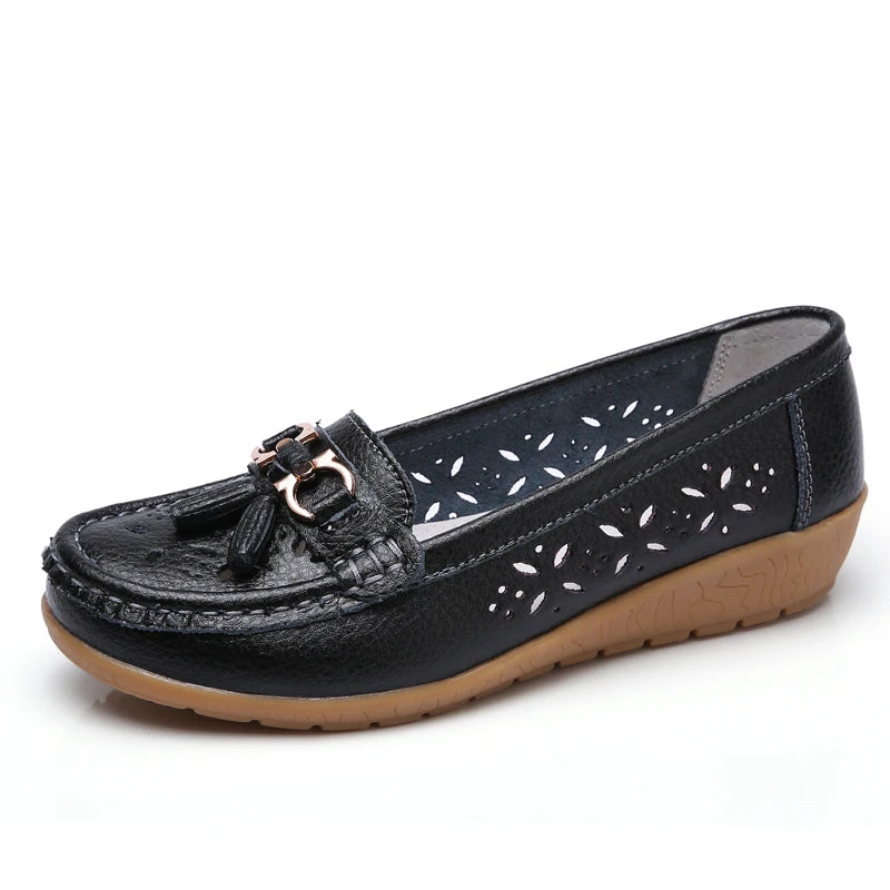 Women Wedge Flats Genuine Leather Slip On Loafers Moccasins Casual Shoes Luxury Brand Designs Big Size 41 42 43