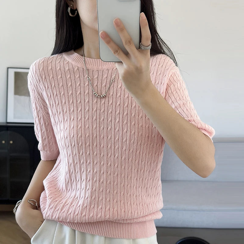 WinvyNee Summer Women’s 100% Cotton Sweaters T-Shirt Short Sleeve O neck Solid Knitwears Pullover Female Tops Spring A1002025