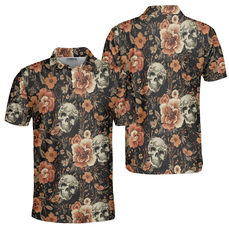 3D Print Skull Fashion Men's Polo Shirt Fashion Trendy Skull Flower Streetwear Unisex Short Sleeve Golf Sport Shirt Button Tops