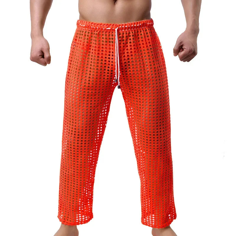 Mens Pajamas Sexy Mesh See Through Long Pants Sleepwear Fishnet Hollow Out Fitness Trousers Sleep Bottoms Sexy Underwear