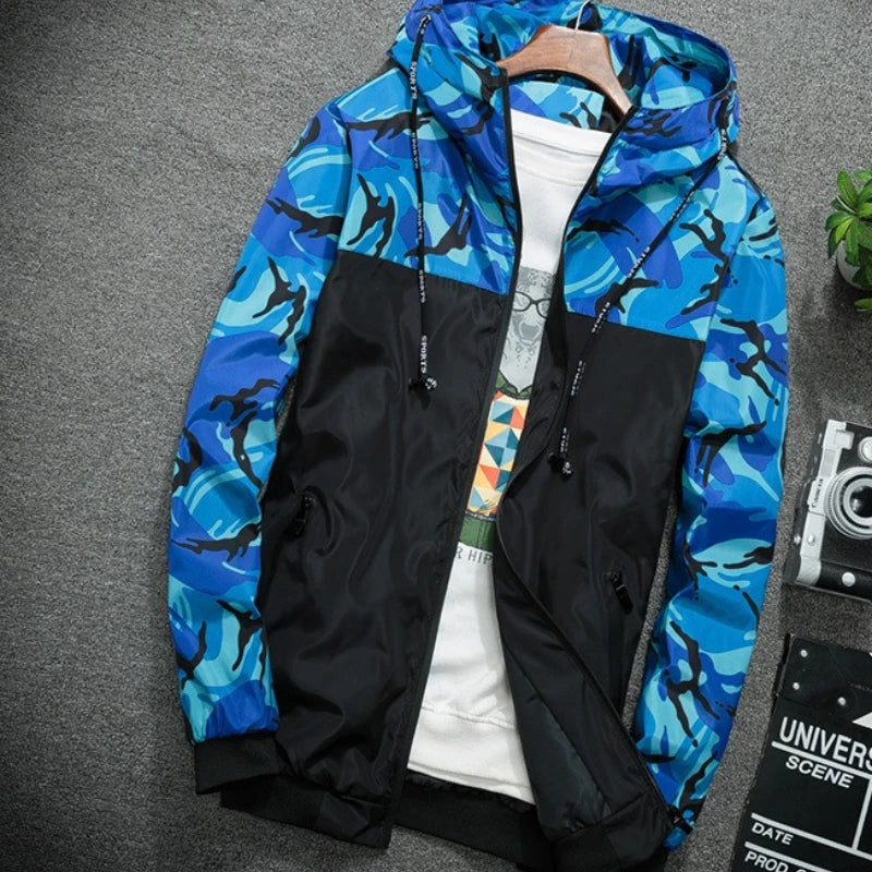 Men's Jackets Spring Hooded Printing Camouflage Windbreaker Zip Lightweight Jackets Slim Crop Fashion Design on The Back Coats