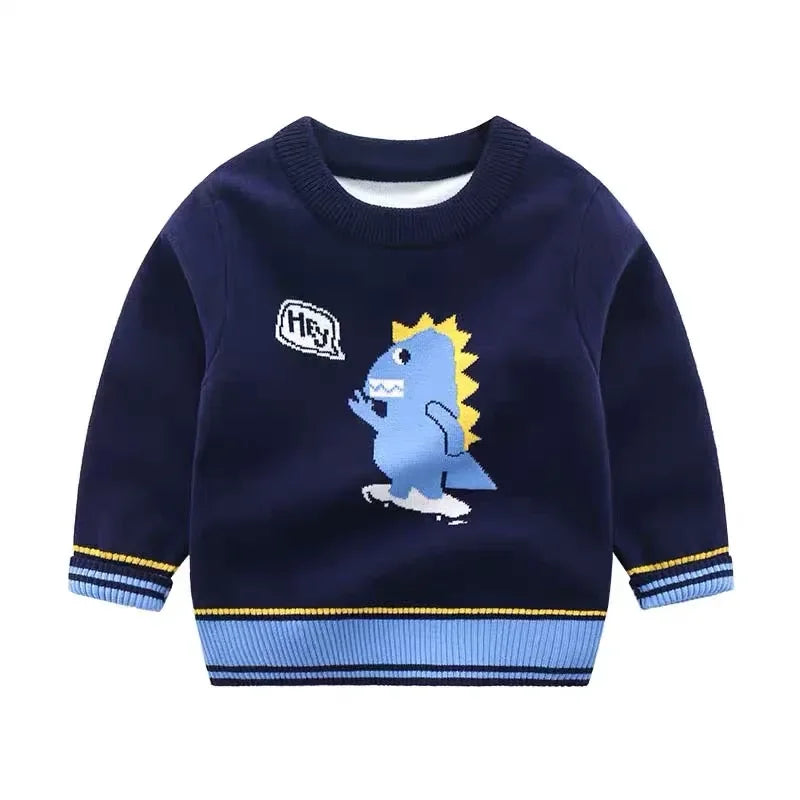 New 2023 Kids Children Pullover Sweater Autumn Winter Boys Cute Cartoon Jacquard O-neck Knitted Jumper Sweaters Tops Clothing