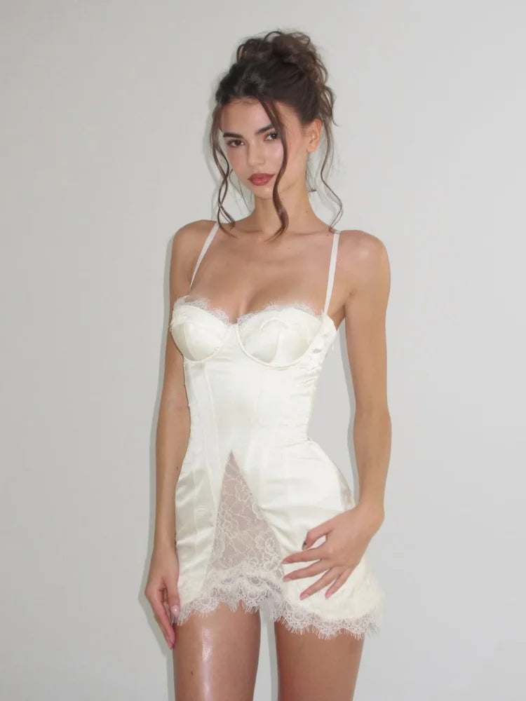 Sexy Lace Trim Satin Short Dress Women Solid Square Neck Sleeveless Waist Cinching Split Mini Dresses Summer Lady Party Robes