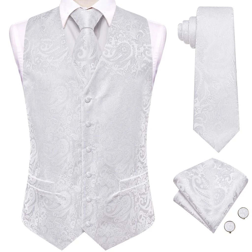 Men's Floral Vest & Tie Hanky Cufflinks Set – Formal Biege Grey White Waistcoat for Weddings Events Party Gift