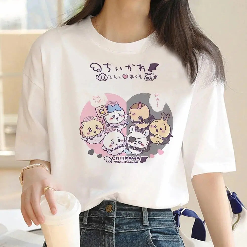 Kawaii Chiikawa Drinking Party T‑shirt Hachiware Usagi Kurimanju Cartoon Print Casual Loose Short Sleeve Tee Summer Unisex Tops