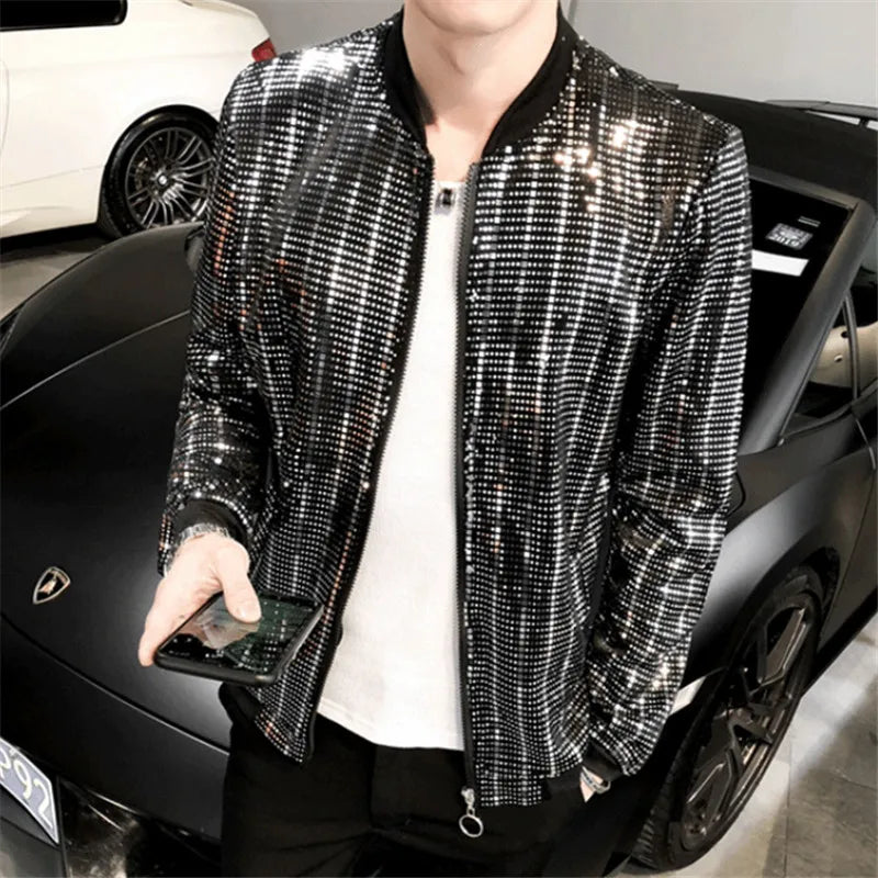 Y2K Mens Jacke Designer Clothes Fashion Cool Sequined Jackets Men Streetwear Night Club Stage Thin Bomber Jacket Techwear Homme