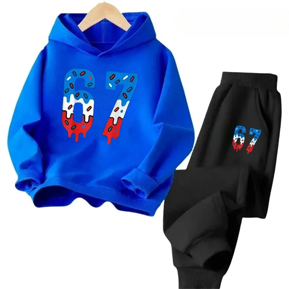 67 Chic Children's Hoodies Set 4-13Y Korean Streetwear Block Tracksuit Fashion Comfortable Kids Sweatshirt 2 Pcs Sets Pant Suit