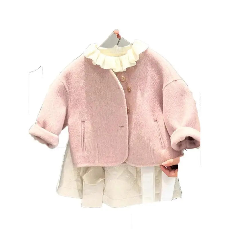 Girls Autumn Winter Coat New Pink Woolen Jacket Kids Thick Warm Outerwear Stylish Baby Clothes Children Clothing