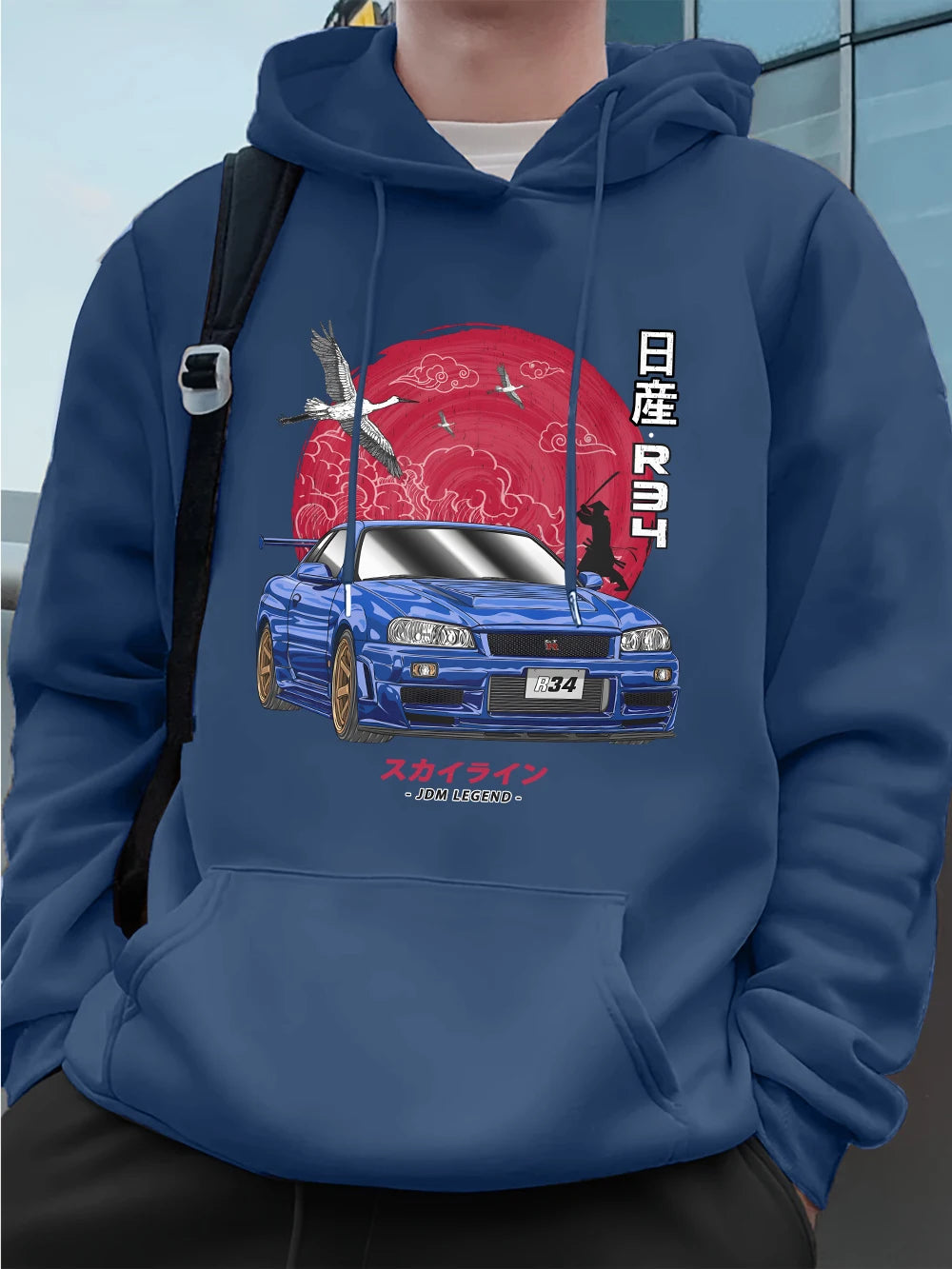 Nippon Jdm Skyline Gtr R34 Prints Mens Hoodies Autumn Pocket Sweatshirt Basics Fleece Warm Loose Pullover Korean Men'S Clothes