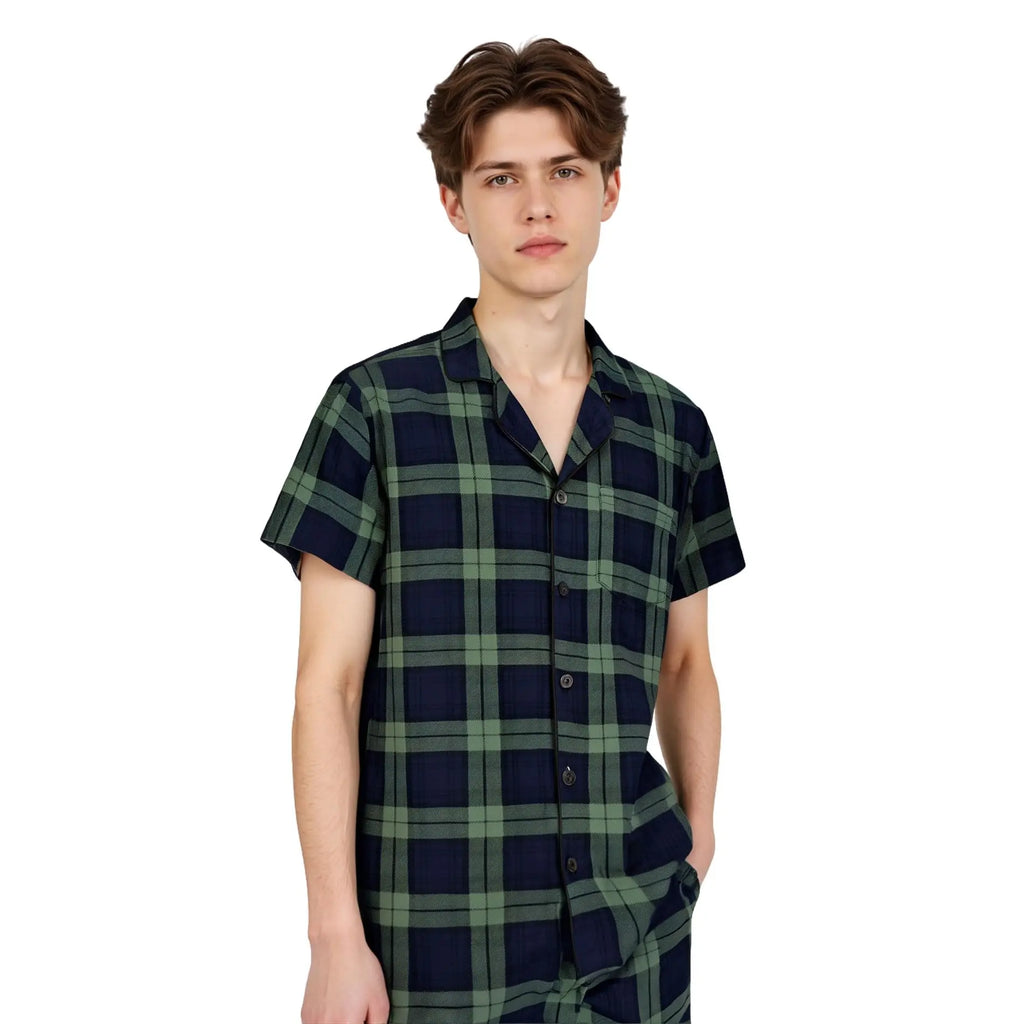 Mens Pajamas Set for Summer Short Sleeve Button Down Shirts Shorts Plaid PJ Set Soft Lounge Set Sleepwear M-XL
