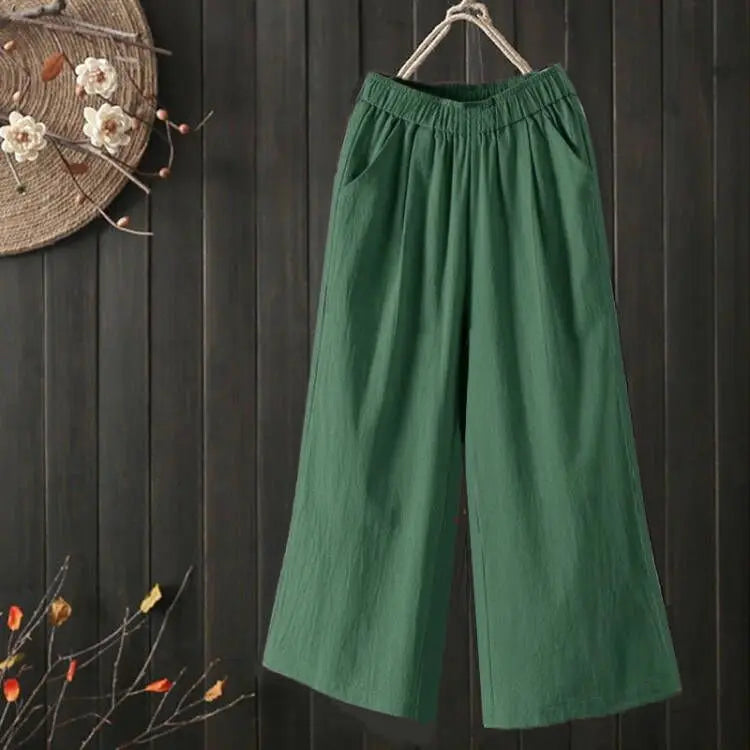 Pure Cotton Wide Leg Pants Women's Summer Loose Mom Large Size Cotton Nine Points Casual Pants High Waist Straight Cut Trousers