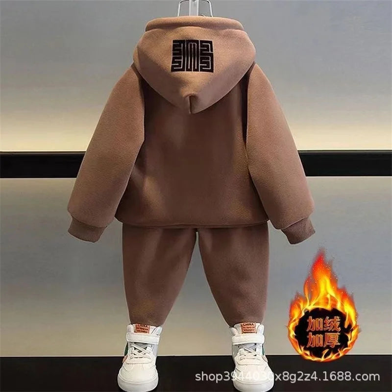 Kids Sweatshirts Sets Winter Children Plus Velvet Thick Warm Suit Boys Girls Hooded Pullover+Pants 2Pcs Cotton Tracksuit Outfits