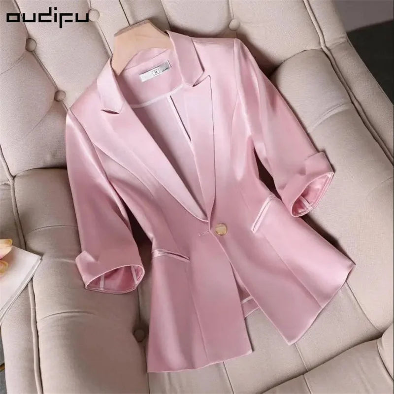 Acetic Wcid Stretch Satin Slim Waist Joker Blazer Women Summer Net Red Slim Cropped Sleeve Professional Pure Colour Suit Jacket