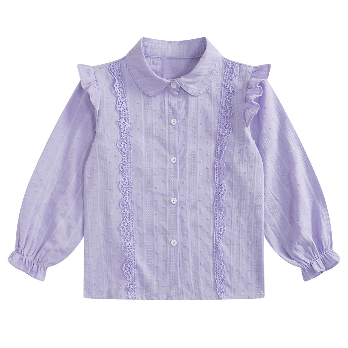 Kids Girls Shirts Spring Autumn Cotton Cute Lace Trim Collar Solid Color Puff Sleeve Bowknot Blouse Tops Casual School Uniform