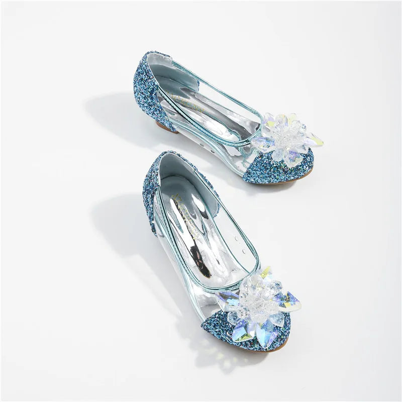 Pink Blue Princess Dance Shoes for Girls Low Heels for Kids Birthday Party Glitter Crystal Diamond Shoe Child Gown Leather Shoes