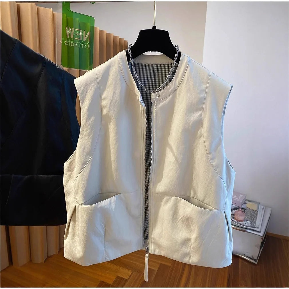 Pu Leather Vest Jacket Women's Spring and Autumn Loose Sleeveless Vests  Waistcoat Tops Casual Women Coat