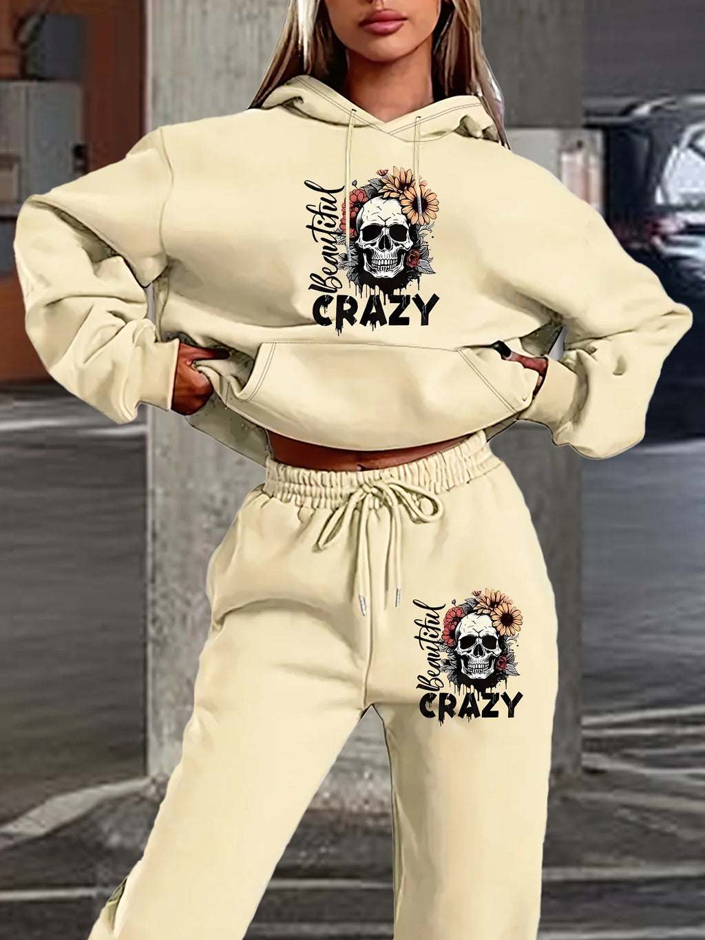 Women's Hoodie+Sports Pants Set Hip Hop Street Casual Skull Letter Printed Hoodie Loose Sports Shirt Autumn Warm Wool Clothing