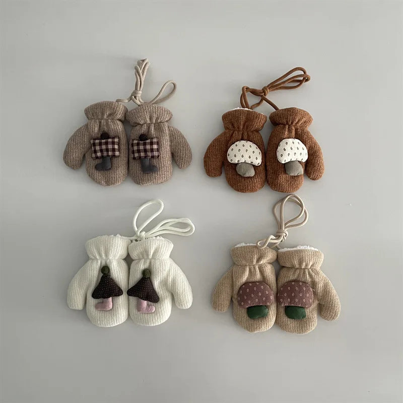 Children's Gloves 2025 Autumn Winter New Ins Mushroom Thick Glove Baby Boys And Girls Hanging Neck Children's Snow Mittens