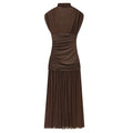HXAO Brown Women's Dress Summer Mesh Long Dresses Woman Sleeveless Female Elegant Party Dresses Ruched Bodycon Tulle Midi Dress
