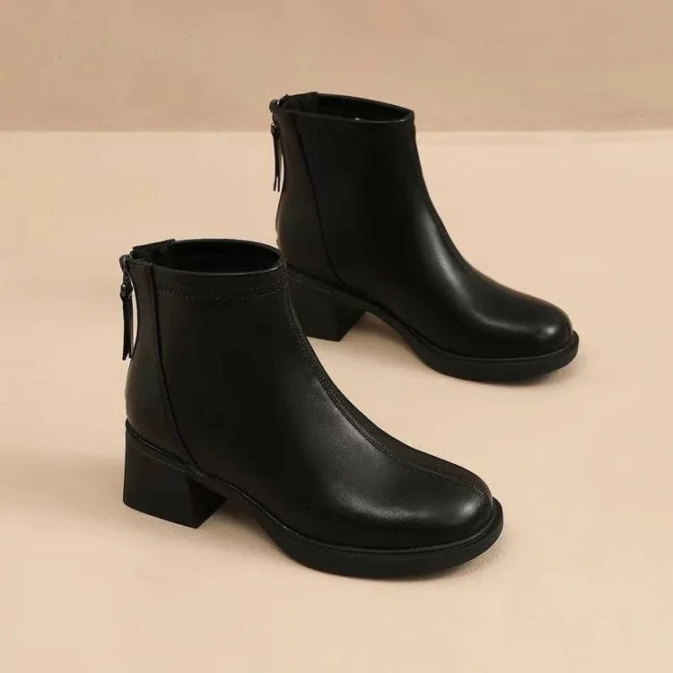 Women's Boots 2025 Autumn/Winter Mid Heel Plush Short Boots Women's Shoes New Single Boots French White Thin Boots Thick Heel