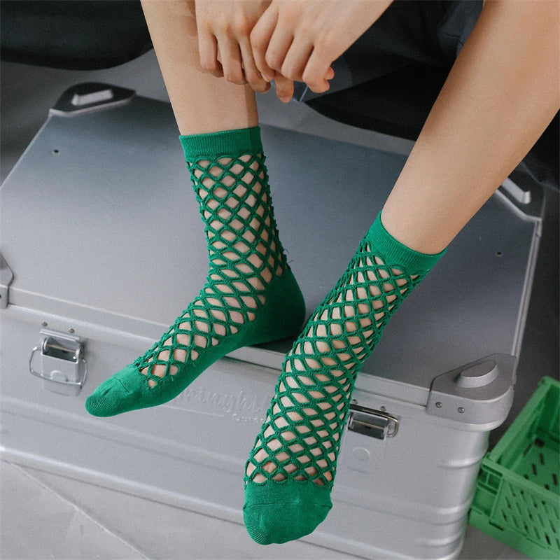 1pair Women Mesh Socks Individual Fashion Breathable Fishnet Mid-Calf Sock Thin Comfortable Casual Sox Elastic High Quality