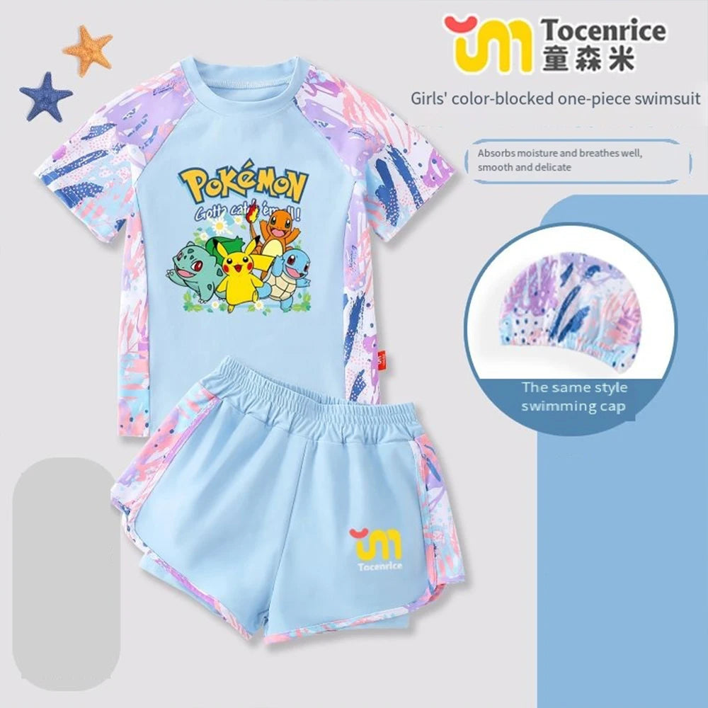 Pokemon Pikachu Girls 2 Piece Swimsuit Set Quick Dry Rash Guard Kids Cartoon Beach Bathing Suit Summer Children Swimwear Outfit