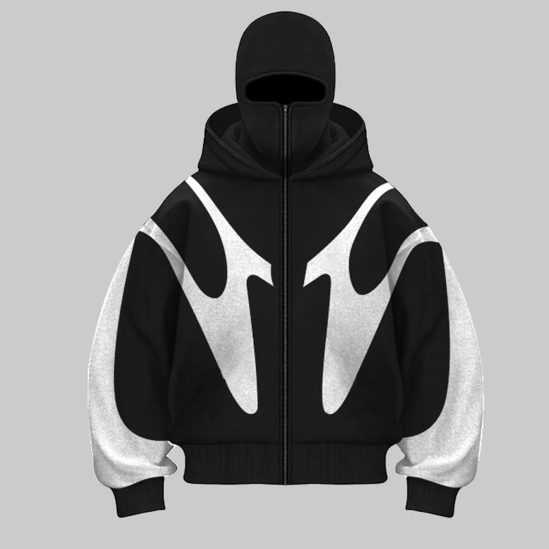 Retro Printed Devil Pattern Double hat style Hoodie Y2k Harajuku Casual Couple Zipper Hoodies Sweatshirt Fashion Street Clothing
