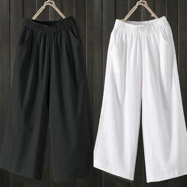 Pure Cotton Wide Leg Pants Women's Summer Loose Mom Large Size Cotton Nine Points Casual Pants High Waist Straight Cut Trousers