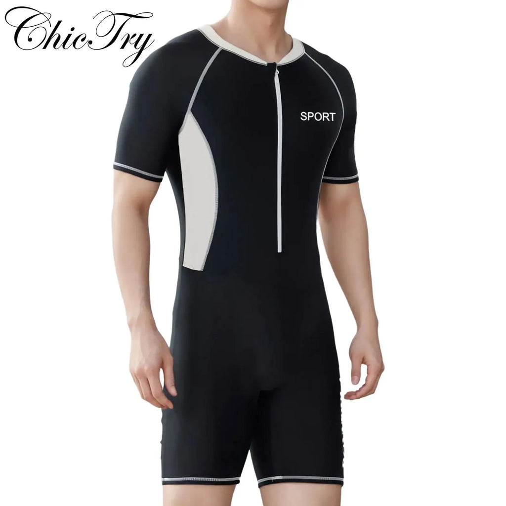 Mens Swim Leotard Summer One-Piece Rash Guard Swimsuit Bathing Suit Beachwear Swimwear Short Sleeve Front Zipper Jumpsuit Romper