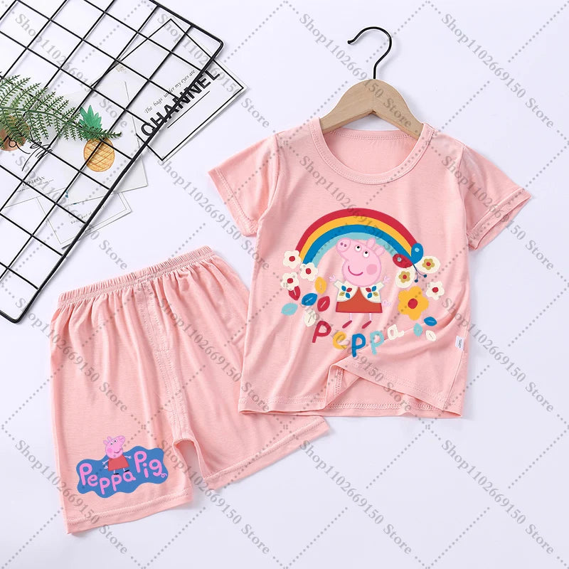 Children Anime Cute Pajama Set Cartoon Peppa Pigs Casual Pajamas Summer Clothing Nightwear Homewear Short Sleeve Loungewear Gift