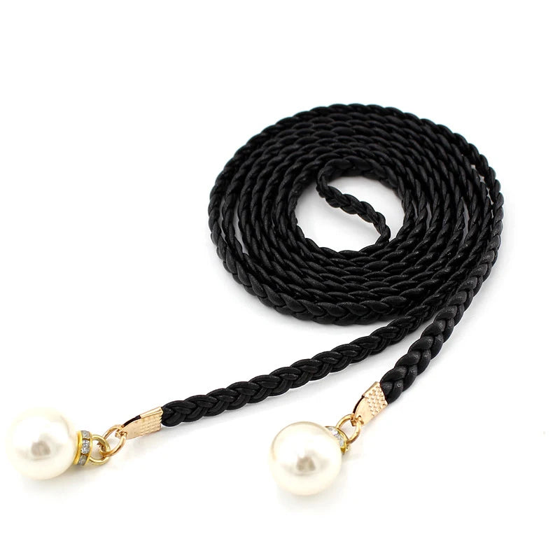 [F] Women Simple PU Leather Belt Boho Tassel Braided Self-Tie Belt Thin Waist Rope Belt