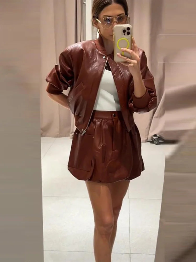 2026 Autumn Winter Street Pu Leather Coat Pants Suit Women Slim Full Sleeve Lapel Zipper Solid Coat High Waist Trouser Outwear