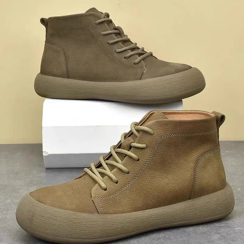 2025 Autumn Men's Chelsea Boots Retro Men High-Top Leather Ankle Boots Outdoor Soft Sole Lace-Up Suede High-Quality Casual Shoes